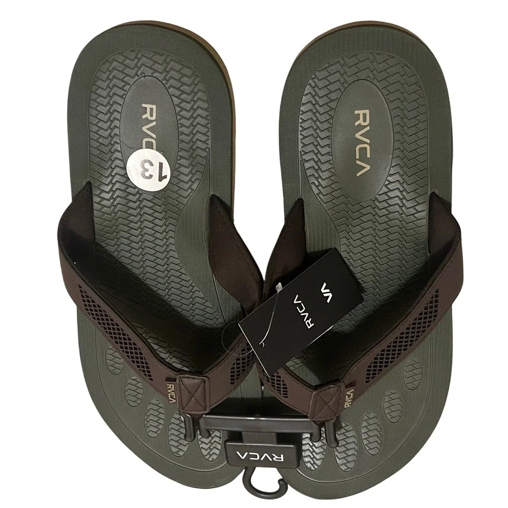 RVCA Perforated‎ TBar Mens Flip Flops Olive Green Brown Sandals 103063 Size 13